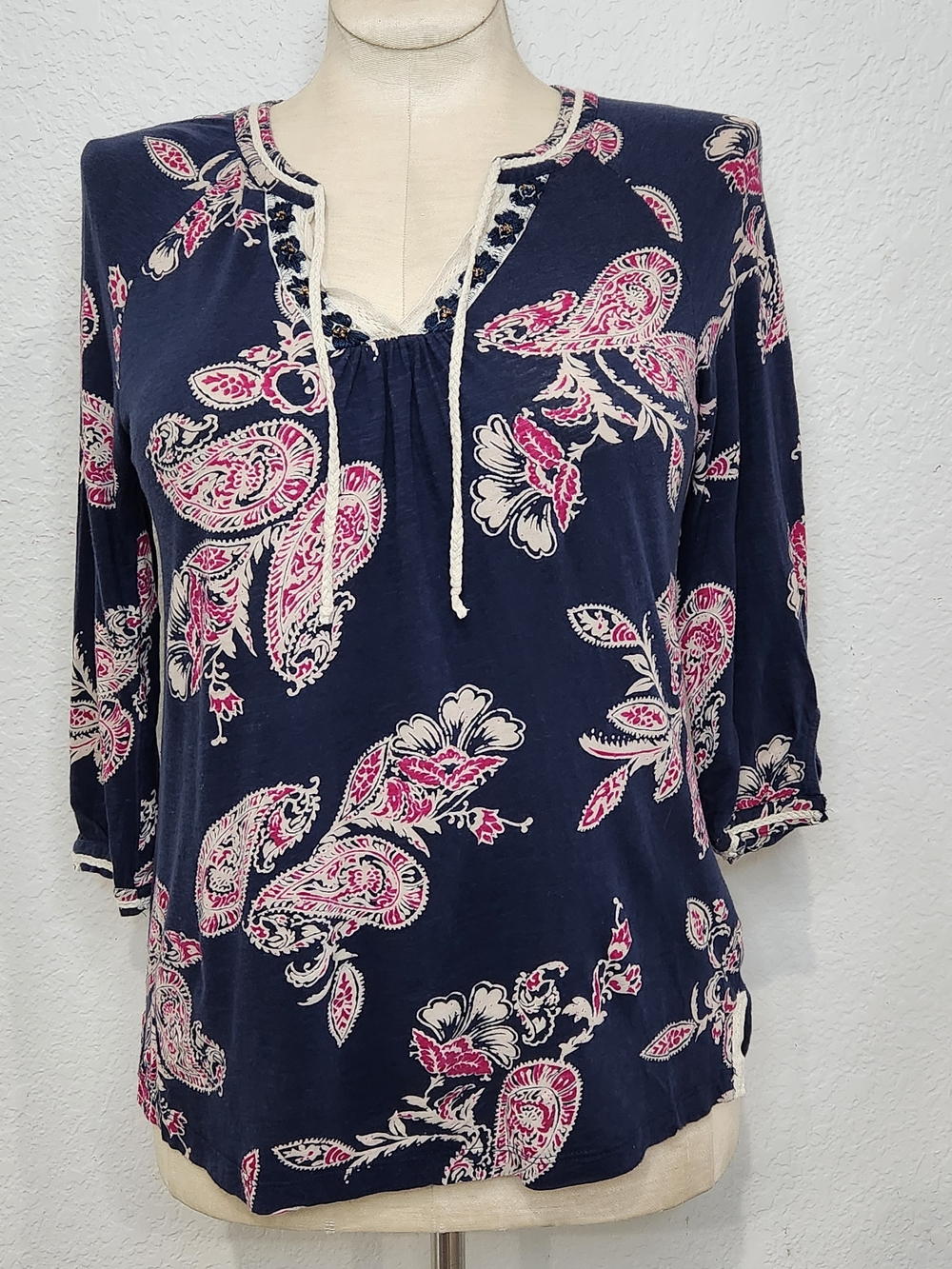 Lucky Brand Navy Paisley Tie-Neck Tunic with Pink & Cream Accents